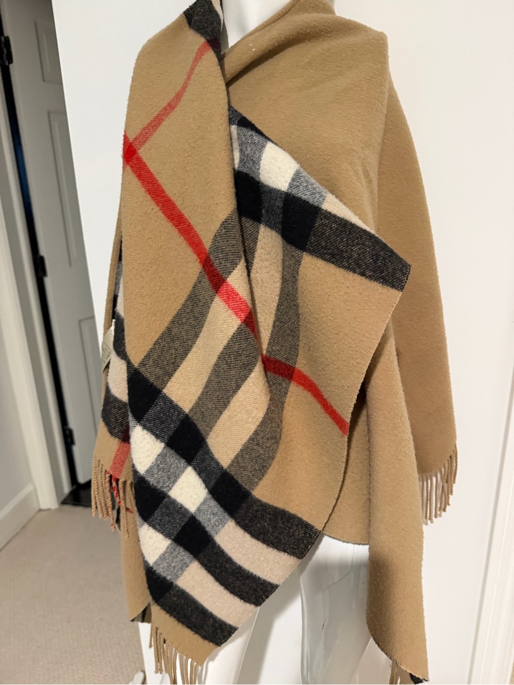 Authentic Burberry Camel Plaid Cape Fringe Wrap